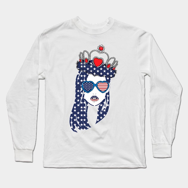 Beautiful girl illustration With a Crown And Glasses American Flag for 4th of July Long Sleeve T-Shirt by tee4ever